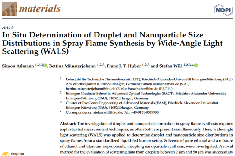New publication “Determination of droplet and nanoparticle size distributions in spray flame synthesis”